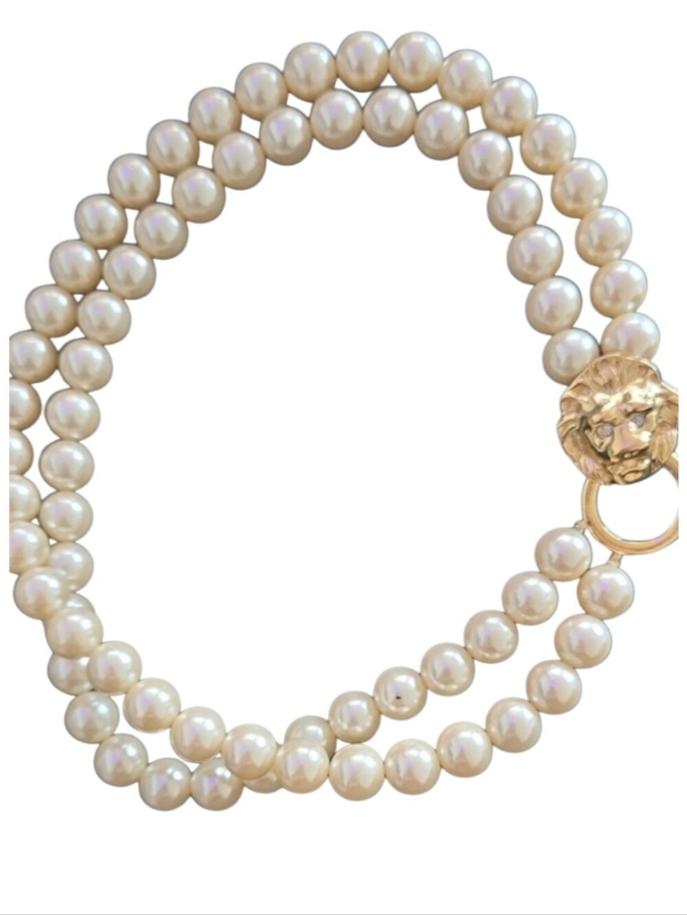 Kenneth Jay Lane Cream Pearl Double Strand Necklace with Gold Lion Clasp